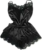 Conjunto Pijama Feminino Cetim e Renda, 2 Peças, Preto
