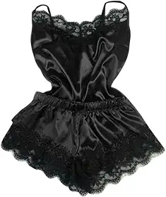 Conjunto Pijama Feminino Cetim e Renda, 2 Peças, Preto