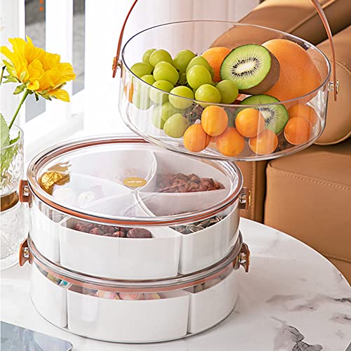EUBUY Clear Divided Serving Tray with Lid and Handle, Round Portable Plastic Veggie Tray Party Platter Food Storage Container Box for Snack Dried Fruit Nuts Candy Appetizer Vegetable