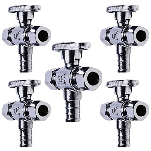 Image of Midline Valve 86351QS-OM-5 Water Supply Angle Stop Valve; Dual Outlet; Quarter Turn Wheel; for Toilet, Sink, Dishwasher; 1 /2'' PEX x 3 /8'' x 3 /8'' Compression; Chrome Plated Brass (5 PK)