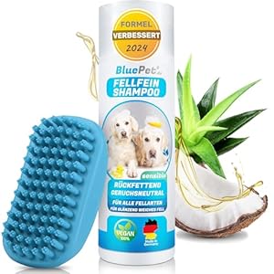 BluePet FellFein Sensitive Dog Shampoo + Bath Curry Comb – Against Odours & Itching – Replenishing Sensitive Care Shampoo with Aloe Vera & Jojoba Oil for Shiny Coat = 100% Vegan