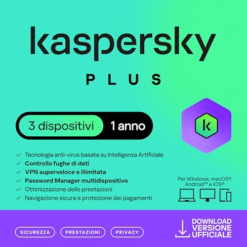 Kaspersky Plus Internet Security 2025| 3 dispositivi | 1 anno | Con Anti-Phishing e Firewall | VPN illimitata | Password Manager | Protezione banking online | PC/Mac/mobili | Attivazione e-mail Kaspersky Plus Internet Security 2025| 3 dispositivi | 1 anno | Con Anti-Phishing e Firewall | VPN illimitata | Password Manager | Protezione banking online | PC/Mac/mobili | Attivazione e-mail