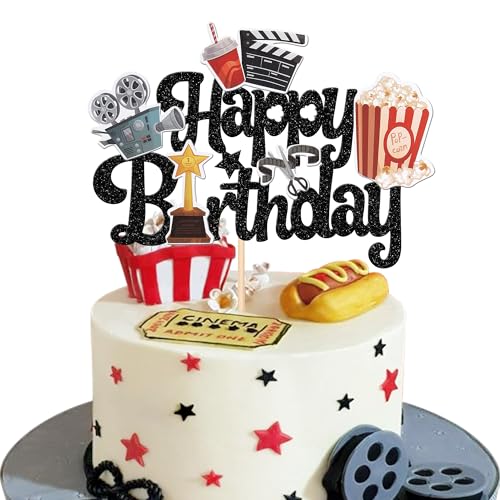 1 PCS Movie Happy Birthday Cake Topper Glitter Roll Camera Video Recorder Popcorn Movie Night Cake Pick for Hollywood Theme Family Film Baby Shower Birthday Party Cake Decorations Supplies Black