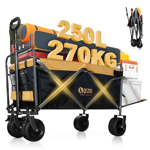 QEZER Folding Trolley with Brakes, 100 kg Load Capacity, Extra Wide Tyres, Off-Road Vehicles (black-yellow)