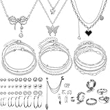 CHarmeFleur 47 Stücke Goldschmiedeset Mit 3 Halsketten, 11 Armbändern, 20 Stecker Ohrringen, 7 Ringen Für Frauen Als