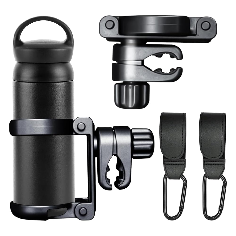 BNGXR Getränkehalter für Kinderwagen Buggy Zubehör, Kinderwagen Getränkehalter Universal 360° Becherhalter für Buggy mit 2 Haken, Wasserflaschenhalterung Abnehmbarer Klappbarer für Getränke (Schwarz)