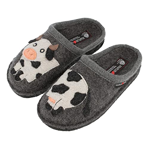HAFLINGER Flair Molly Wollwalk Pantoffel Hausschuh Kuhmotiv (Anthrazit 4) Gr. 37