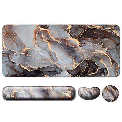 Keyboard Wrist Rest and Desk Mouse Pad with Wrist Support (4 PCS Set), Large Gaming Extended XXL Desk Pad Table Mat,Mousepad with Ergonomic Wrist Rest for Desktop Computer -Black Marble