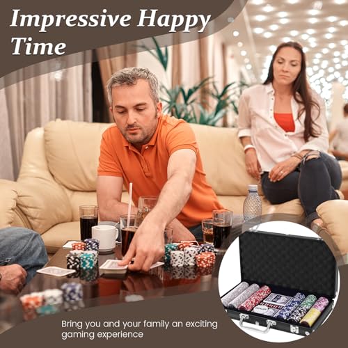 HOMASIS Pokerset mit 300 Chips, Alu Pokerkoffer mit 2 Kartendecks, 5 Würfeln, 1 Dealer Button, Poker Koffer abschließbar, Poker Set Pokerkarten für Texas Hold'em (300 Chips, Schwarz) – Bild 5