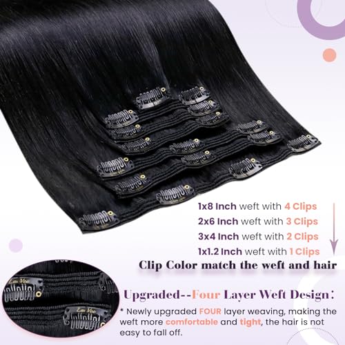 Image of LaaVoo Hair Extensions Clip ins Black Clip in Hair Extensions Real Human Hair Jet Black Human Hair Clip on Extension Silky Straight 24 Inch 7Pcs /150g