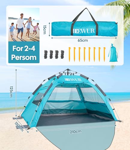 Dewur Strandmuschel 2-4 Personen Pop Up Strandzelt mit Sonnensegel UPF 50+ UV Sonnenschutz Wasserdicht für Familien Strand Camping Garten, Blau – Bild 3