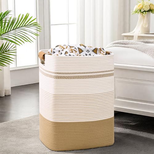 Image of Laundry Hamper, 105L Tall Laundry Basket with Leather Handles, Rectangle Large Clothes Hamper for Organizing, Cotton Woven Laundry Baskets Storage Hampers for Bedroom, Nursery, Living Room