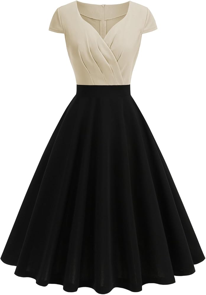 Amazon.com: Women's 1950s Vintage Wrap V Neck Cap Sleeve Retro Cocktail  Swing Dress Prom Gowns Patchwork A-line Tea Dresses Beige : Clothing, Shoes  & Jewelry
