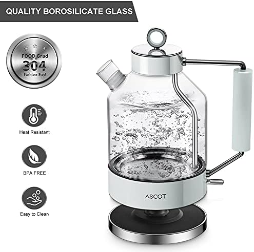 Electric Kettle, ASCOT Glass Electric Tea Kettle 1.6L 2200W Tea Heater & Hot Water Boiler, Borosilicate Glass, BPA-Free, Auto Shut-Off and Boil-Dry Protection (White)