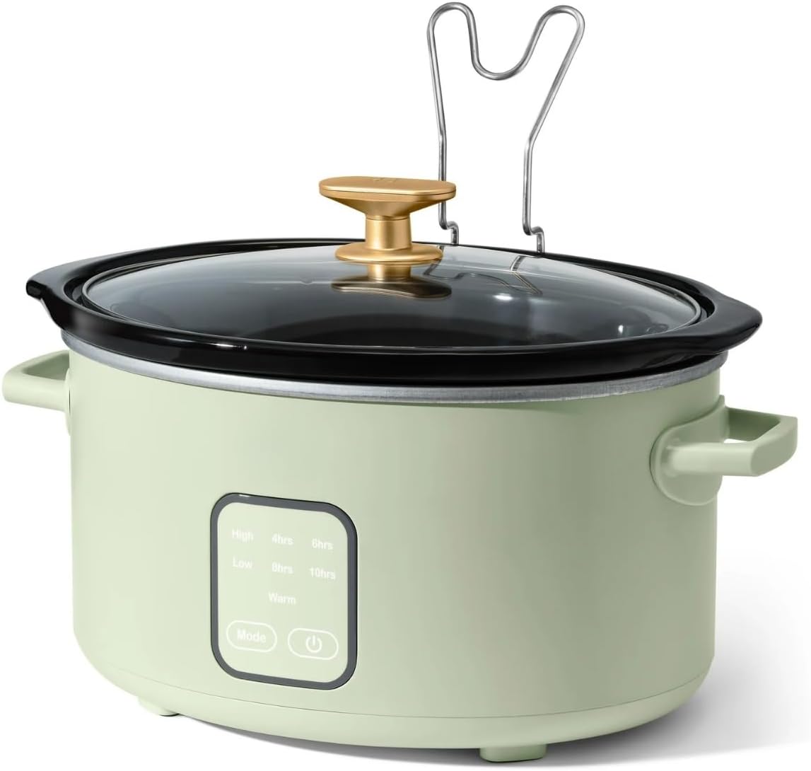 4 Qt Slow Cooker, Touch-Activated Display, 4 Cooking Presets, Removable Stoneware Pot, Steel Lid Holder, Dishwasher-Safe, Cool-Touch Handles, Ideal for Family Dinners (Sage Green)