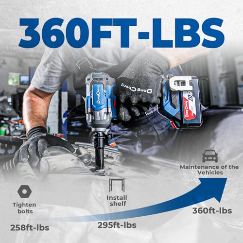 Dong Cheng 20V Brushless Impact Wrench, Max Torque 360 ft-lbs (488N.m), 1/2 inch with 3 Mode Speed, 2400 RPM Cordless Impact Gun, Includes 4.0Ah Battery, Charger, 4 Impact Sockets and Kit Bag