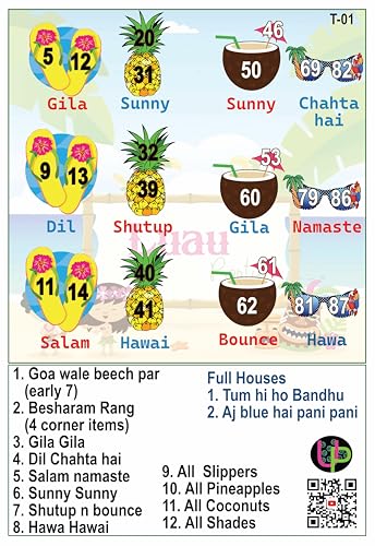 Image of Summer Theme Tambola Tickets (Hawaiin) - English | Bingo Housie Game Cards for Kitty Party and Friends & Family Gatherings (Set of 15 Tickets)