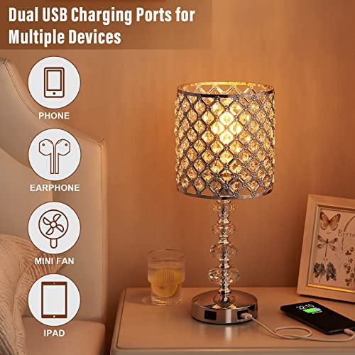 Crystal Table Lamp For Bedroom Usb - Silver Bedside Lamp 3-Way Dimmable Touch Control Glam Lamp, Cute Small Nightstand Lamp For Girls Women With Two Charging Ports For Living/Guest/Dinning Room #TOP1