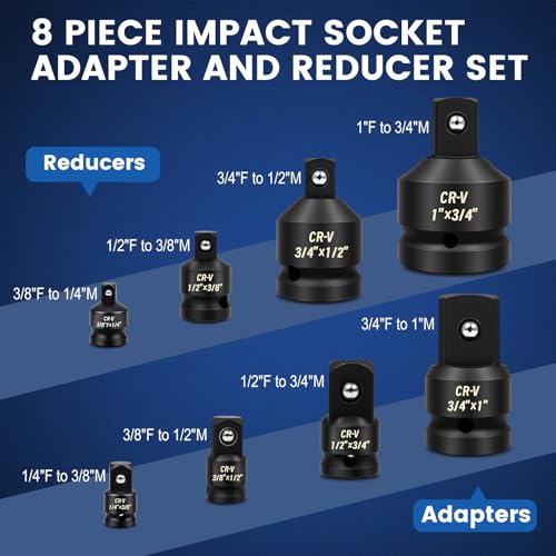 Image of 8-Piece Impact Socket Adapter Set, 1 /4 inch 3 /8 inch 1 /2 inch 3 /4 inch Drive Socket Reducer Set with Case, for Impact Wrenches,Ratchets,Automotive and DIY Tools