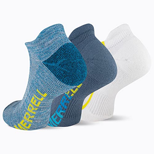 Merrell Men's And Women's Recycled Lightweight Cushion Low Cut Tab Socks-3 Pair Pack-Hiking Arch Support, Blue Assorted, Medium-Large #TOP2