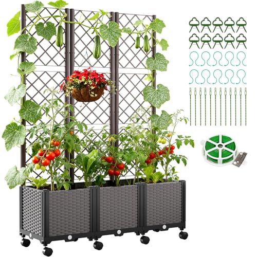 SUNYRISY Hochbeet mit Rankgitter, Blumenkasten mit Rankhilfe und Rollenrad, 3 Stück Garten Planter Box mit Rädern und Sichtschutz, Selbstbewässerung Pflanzkasten Pflanzkübel für Kletterpflanzen