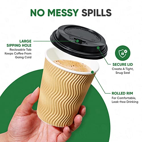 Tobvory Disposable Coffee Cups With Lids, 100 Pack Coffee Cups With Lids 12 Oz, Paper Cups For Hot Drinks, Eco-Friendly Triple Wall Insulated To Go Coffee Cups For Hot Cocoa, Tea, Hot Chocolate
