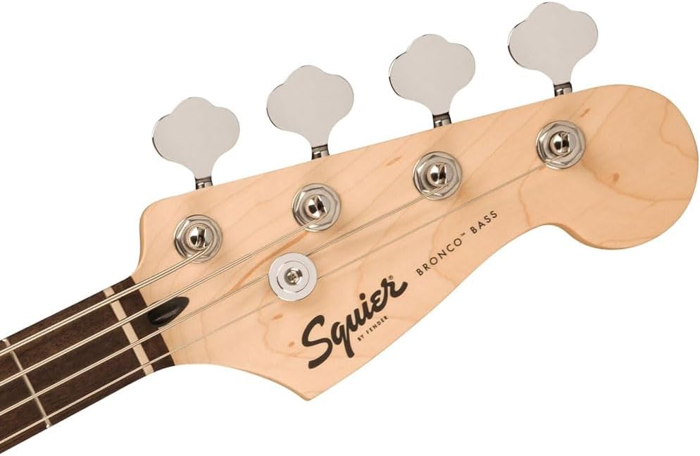 Fender 0373800506 Sonic Bronco Bass Laurel Fingerboard White Pickguard Black Bundle with Fender Logo Guitar Strap Black, 12-Pack Celluloid Picks, and Straight/Angle Instrument Cable