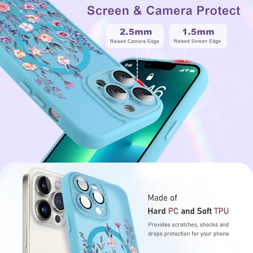 Coque MagSafe iPhone 13 Pro fleurie bleu clair antichoc