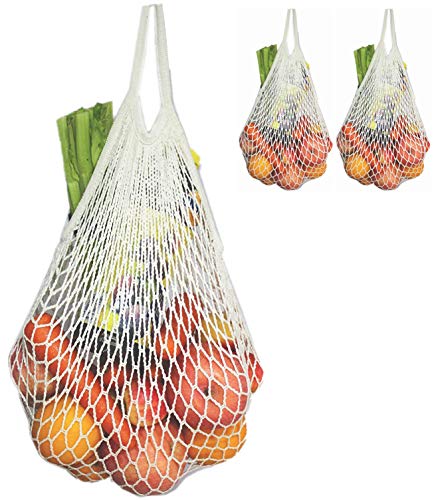 ECOHIP 3 Cotton Reusable Grocery Bags Washable Mesh Net String Shopping Produce Beach Foldable Tote Handle