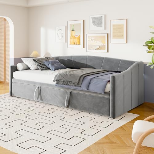 Schlafsofa 200cm Breit, Schlafcouch Ausziehbar, Schrankbett mit Sofa, Murphy Bed 90/180 x 200 cm, Polsterbett Tagesbett Ausziehbar mit Lattenrost, Doppelbett, Samtstoff, ohne Matratze (Grau 02)