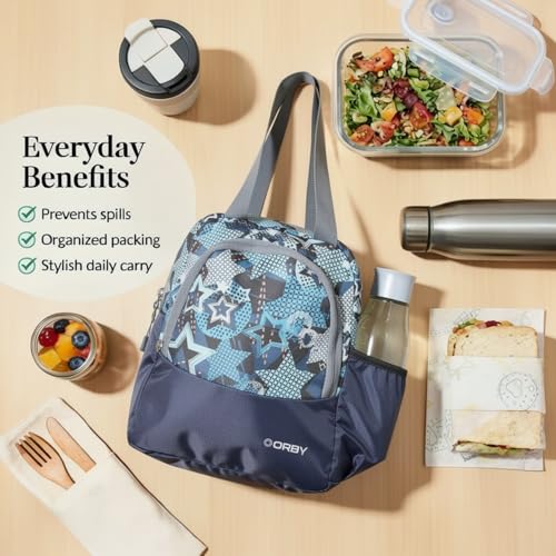 Image of ORBY Lunch Bag Star Navy Blue | Water-Repellent Durable Fabric | Tiffin Bag with Bottle Holder & Front Pocket | Strong Zipper & Spacious Meal Storage (Star Pattern, Navy Blue)