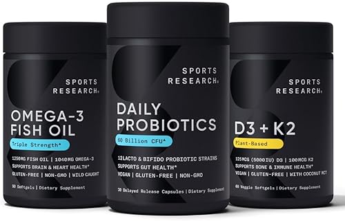Sports Research Wild Alaskan Pollock Omega 3 Aceite de pescado 90 cápsulas blandas (1250 mg) + probióticos veganos con prebióticos, 60 mil millones