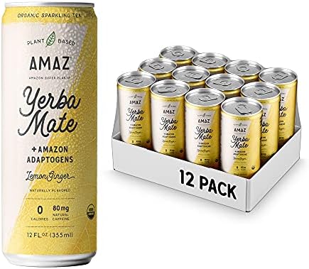 AMAZ Organic Sparkling Yerba Mate Tea with Adaptogens for Natural Energy, Focus, & Immunity | Plant-based | Zero Calories | Zero Sugar | Vegan | Lightly Sweetened with Monk Fruit | 80mg Organic Caffeine | Sustainably Sourced from Regenerative Agroforestry (Lemon Ginger)