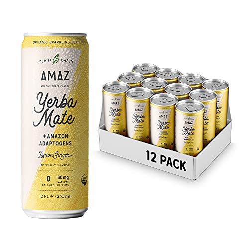 Amaz Organic Sparkling Yerba Mate Tea With Adaptogens For Natural Energy, Focus, & Immunity | Plant-Based | Zero Calories | Zero Sugar | Vegan | Lightly Sweetened With Monk Fruit | 80Mg Organic Caffeine | Sustainably Sourced From Regenerative Agroforestry (Lemon Ginger) #TOP21