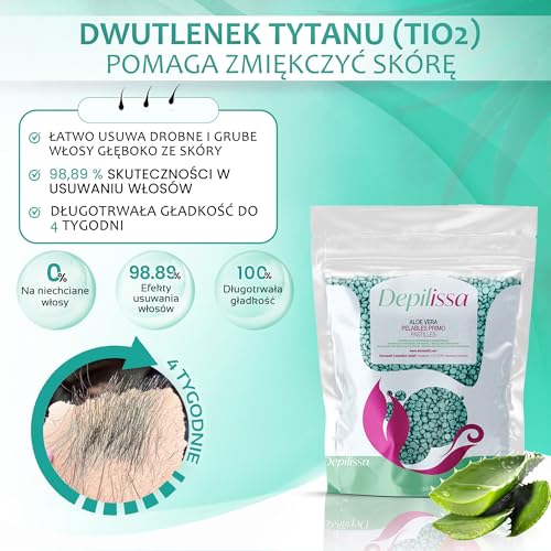 Aloe Vera TIO2 Perły woskowe do usuwania włosów, 400 g, zastosowanie bez pasków z włókniny, odpowiednie do wszystkich ro