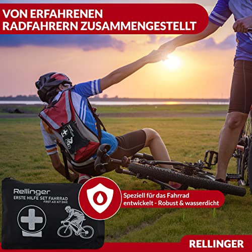 Foto von Rellinger® Erste Hilfe Set Fahrrad [VON ERFAHRENEN RADFAHRERN ZUSAMMENGESTELLT] - inkl. Armschlinge Dreieckstuch - Erste Hilfe Set Outdoor für eBike Mountainbike Rennrad - Robustes & Wasserfestes Set