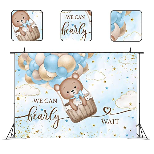 Glawry Teddy Bear Backdrop 7Wx5H Feet Watercolor Sky Stars Cloud Blue Balloon Cute We Can Bearly Wait Baby Shower Party Decorations Photography Background Photo Booth Studio #TOP2