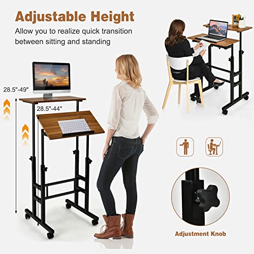 COSTWAY Mesa de pé móvel, carrinho de laptop com altura ajustável com mesa inclinada para ficar em p