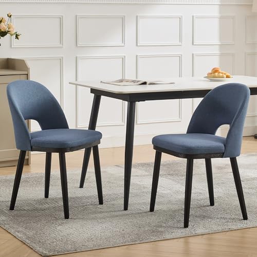 GarveeHome Wooden Dining Chairs Set of 2,Upholstered Kitchen Dining Room Chairs with Curved Backrest and Wood Leg,Modern Fabric Farmhouse Dinner Chair for Restaurant/Cafe,Blue