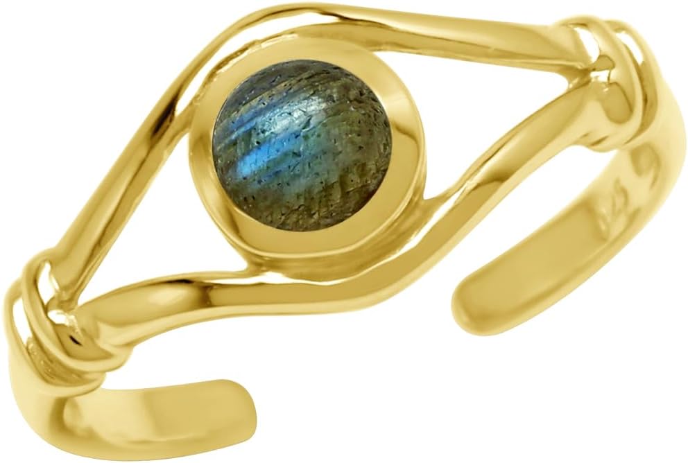 Silvershake 4MM Round Shape Cabochon Stone White Gold Plated or Yellow Gold Plated 925 Sterling Silver Adjustable Toe or Knuckle Ring Jewelry for Women or Teens