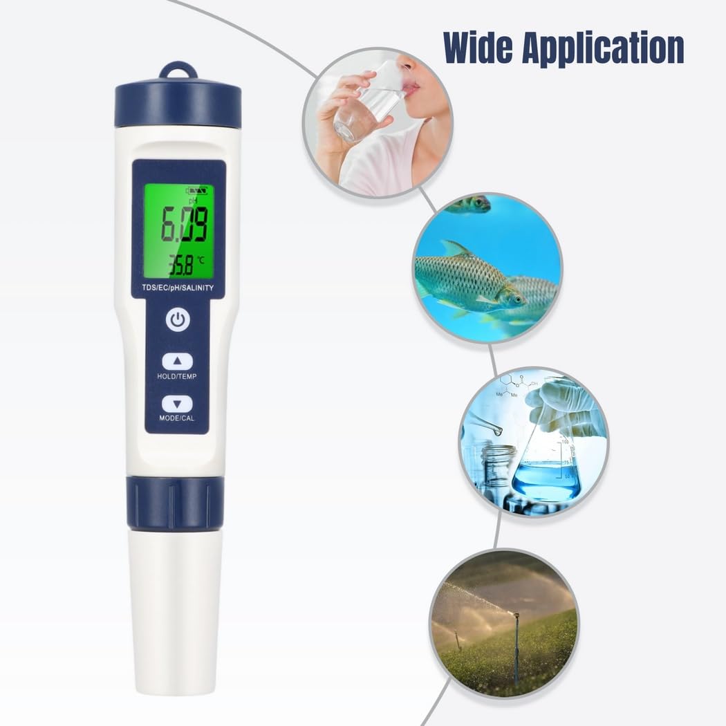 Cyfrowy tester wody 5 w 1 LCD, Ph, Tds, Ec, pomiar zasolenia i temperatury do basenów, spa i wody pitnej