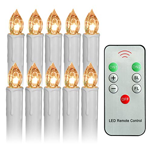 Youngerbaby Set of 10 Warm White Flickering Battery Operated LED Taper Candle with Remote Control for Christmas Decorations/Candelabras/Candle Chandeliers-(0.7''Dia x 4''Height)Batteries Not Included