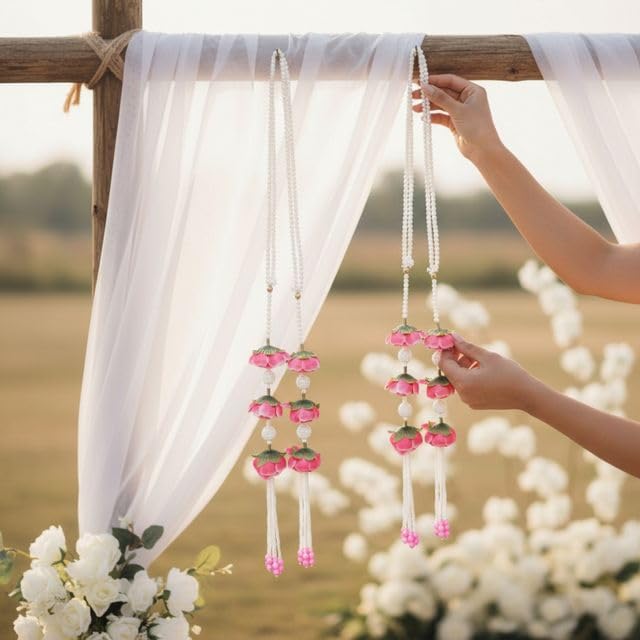 Image of Rajasthan Kraft Pack of 2 Artificial Pearl & Rose Welcome Mala (25 Inch) Elegant White Bead Haar with Pink Floral Accents for Weddings, Milni Ceremonies, Festivals, and Traditional Guest Welcoming