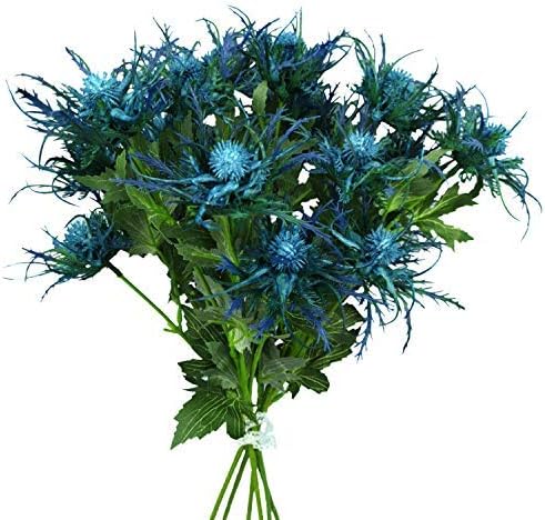 Miniatura 4 de 6 tallos largos de cardos artificiales Eryngo racimo de flores plantas para centros de mesa de decoración del hogar (azul)