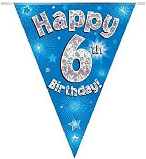 Happy 6th Birthday Blue Holographic Foil Party Bunting 3.9m Long 11 Flags