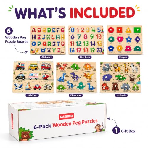 Image of Wooden Peg Puzzles for Kids Ages 3-5, 6 Pack Large ABC Alphabet Number Shape Animal Dinosaur Vehicle Puzzle Set, Preschool Learning Toys, Montessori Educational Gifts for 3 4 5 Boys Girls