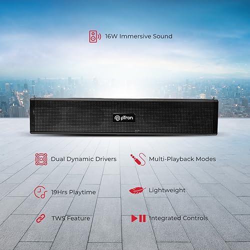 Image of pTron Fusion Wave 16W Mini Bluetooth Soundbar Speaker with up to 19Hrs Playback Time, Soundbar for Phone /TV /Laptop /Tablets /Projectors & BT5.0 /Aux /TF Card /USB Drive Playback (Silk Black)