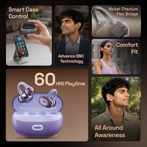 Image of ACwO DwOTS Flow 2 Open-Ear OWS Earbuds with Smart Case Control, Clip On Design with Ear Hooks, AI-ENC Mic, Up to 60 Hours Playtime, Dual Connectivity, IPX5 Sweat Resistance, Wireless Earbuds (Purple)