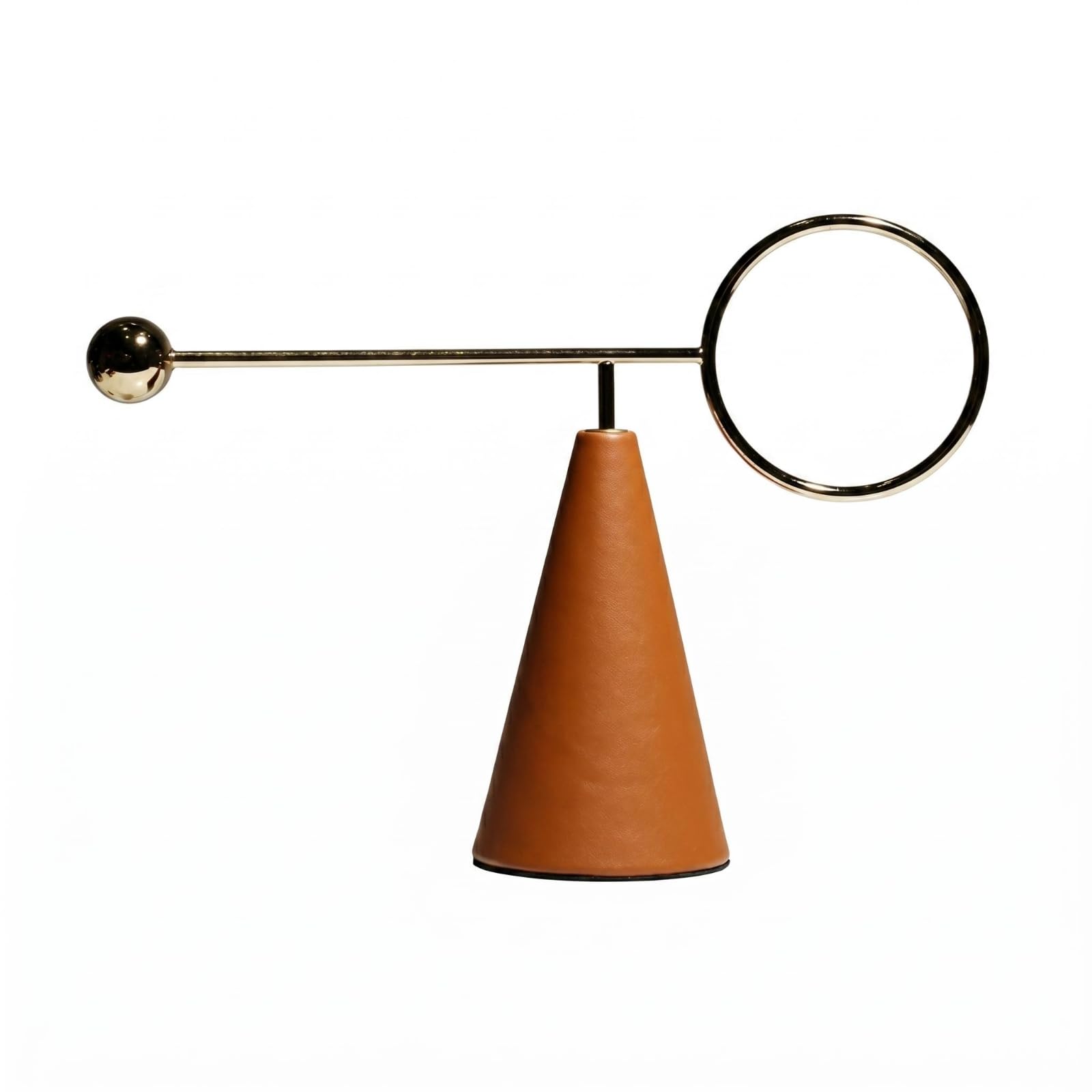 Vassoio Geometrico Accessorio Decorativo in Pelle E Metallo con Base a Cono Asta Orizzontale Dettaglio Sferico E Ampio Cerchio per Scaffali Consolle Adatto a Zona Giorno Studio, Marrone