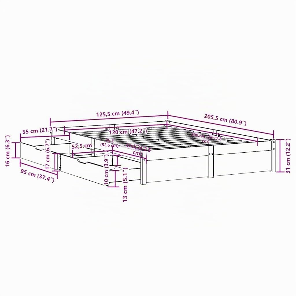 vidaXL Massivholzbett, Holzbett Bett mit Schubladen, Bettgestell Bettrahmen mit Lattenrost, Doppelbett für Schlafzimmer, Weiß 120x200cm Kiefer